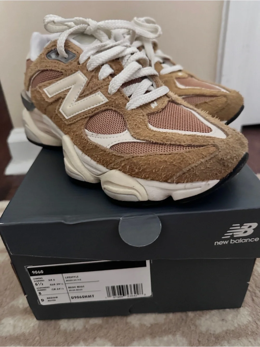 New Balance 9060 Women's Beige Suede and Beige Mesh Sneakers - Picture 3 of 8